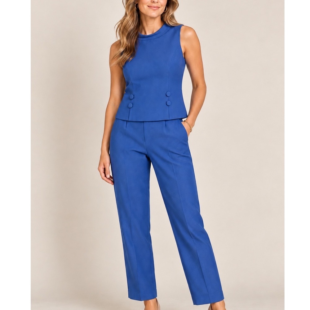 Vintage 90s Blue Pant Suit Sleeveless Peplum Top High Waist Trousers size 6